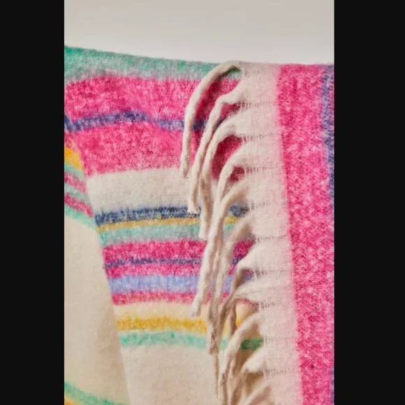 NWT FREE PEOPLE Skye Stripe Fringe Throw Blanket O/S 60’’ x 51” Ivory Multi - Picture 4 of 5
